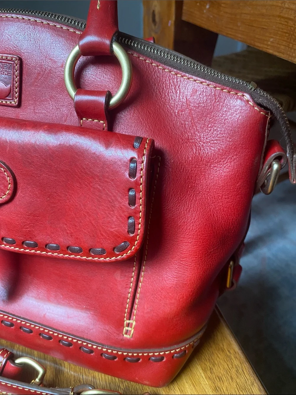 Dooney & Bourke Florentine Janine Red Leather Satchel Whip Stitching Top Handles